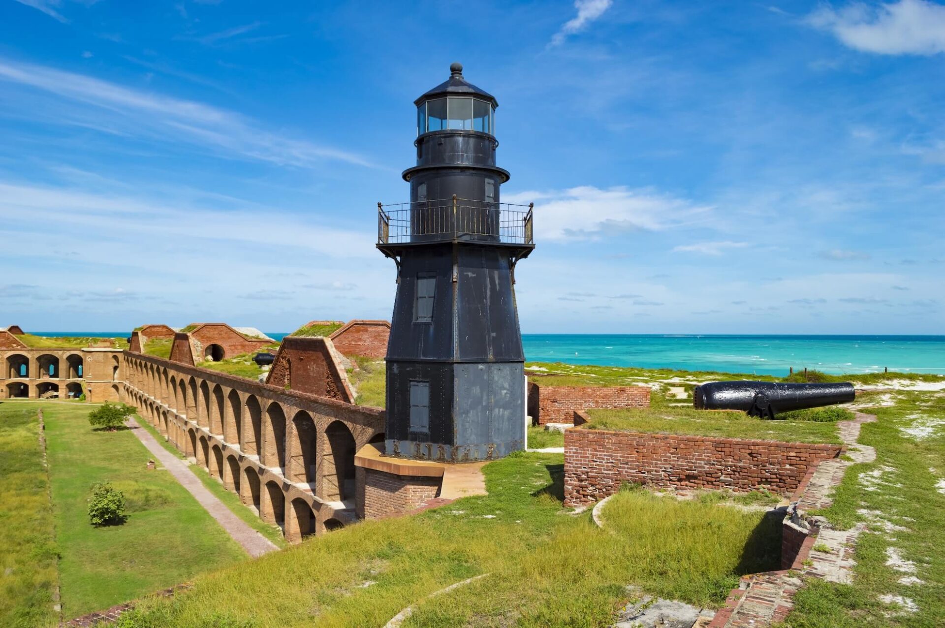A historic black lighthouse stands on a grassy area atop a fort in Dry Tortugas National Park, overlooking turquoise ocean waters. The fort features arches and brick structures under a clear blue sky, with lush vegetation adorning parts of its facade.
