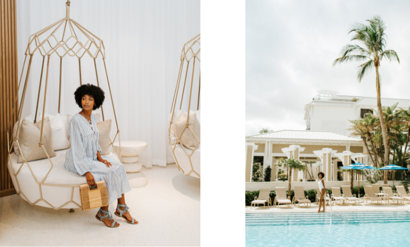 On the left, a woman sits in a hanging chair with a woven purse in her hand. On the right, the same woman stands by the pool.