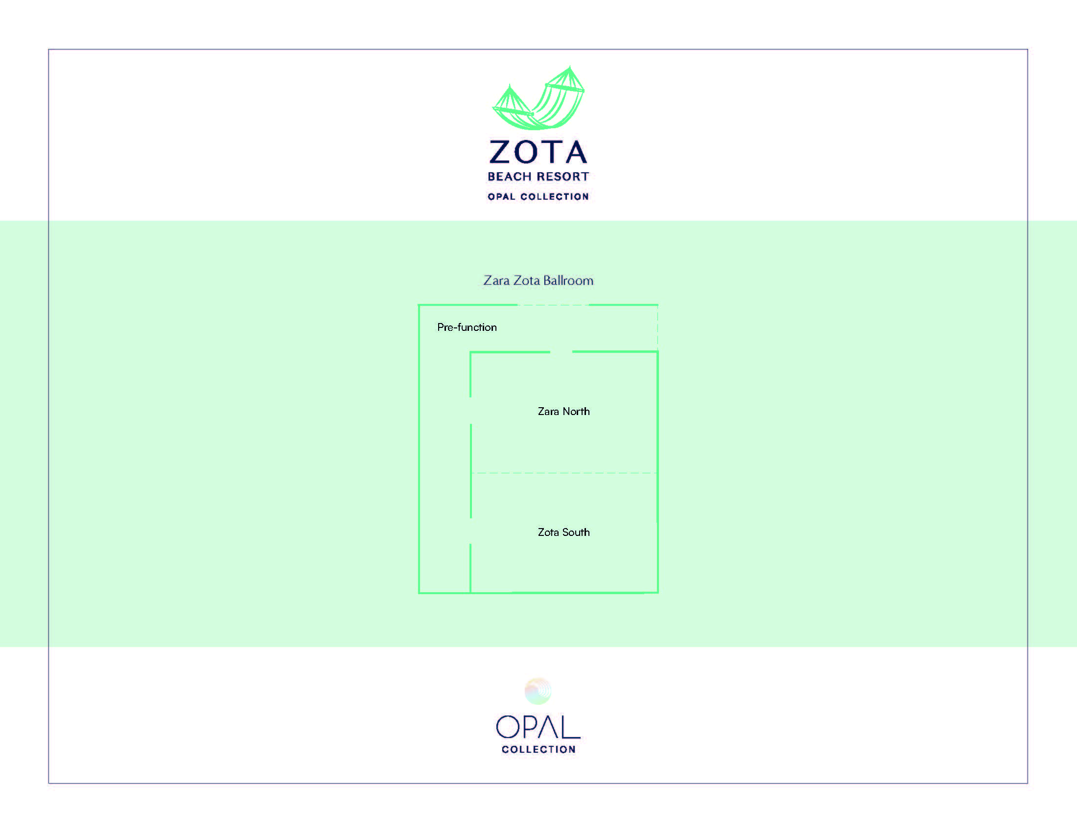 Diagram of Zota Beach Resort event space, showing a labeled floor plan with Zaza Zota Ballroom, Pre-Function, Zota North, and Zota South areas, along with the Zota Beach Resort and OPAL Collection logos.