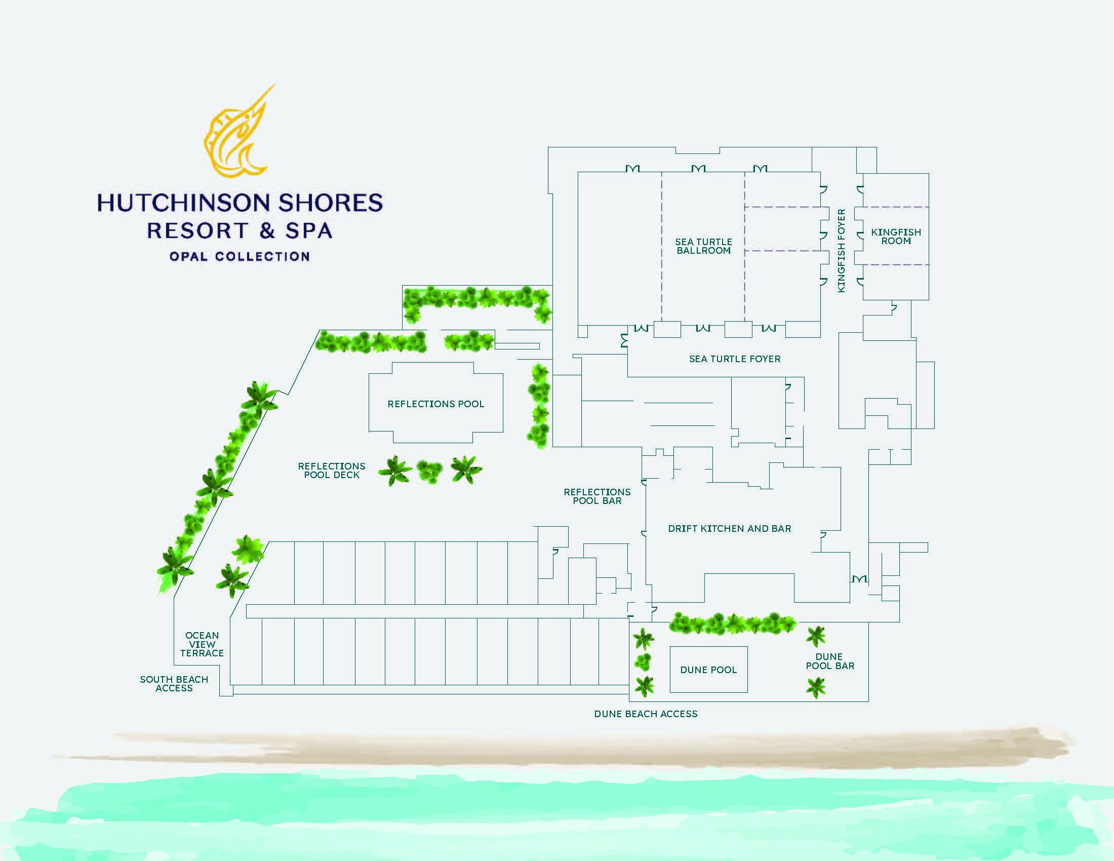Resort map showing Hutchinson Shores Resort & Spa layout, including pools, bars, restaurants, terraces, beach access, and labeled areas with pathways and palm tree icons at the oceanfront.