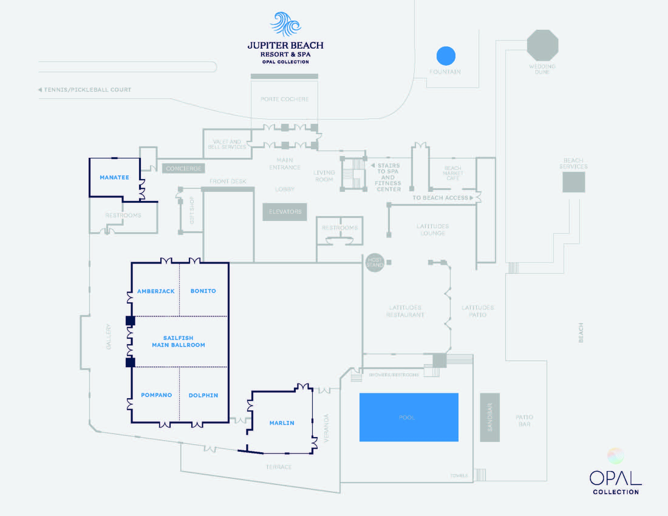 Floor plan of Jupiter Beach Resort & Spa showing labeled rooms, event spaces like the Sailfish Main Ballroom, pool, restaurant, and access points including beach and tennis courts. Opal Collection logo in the bottom right corner.