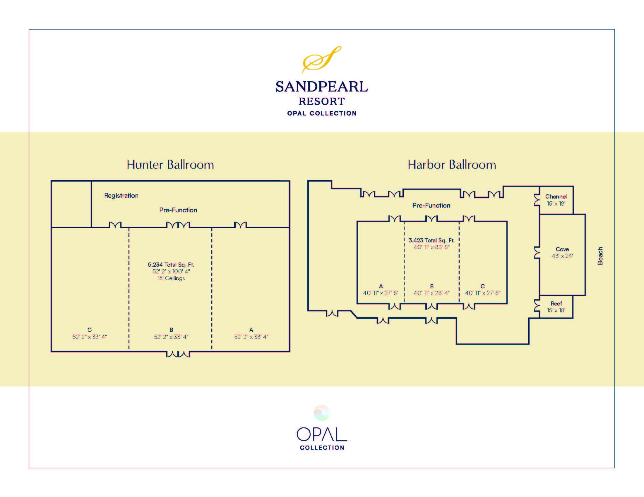 Two ballroom floor plans, labeled Hunter and Harbor Ballrooms, showing room dimensions, sections, and pre-function areas at Sandpearl Resort, Opal Collection. Room measurements and divider positions are indicated.