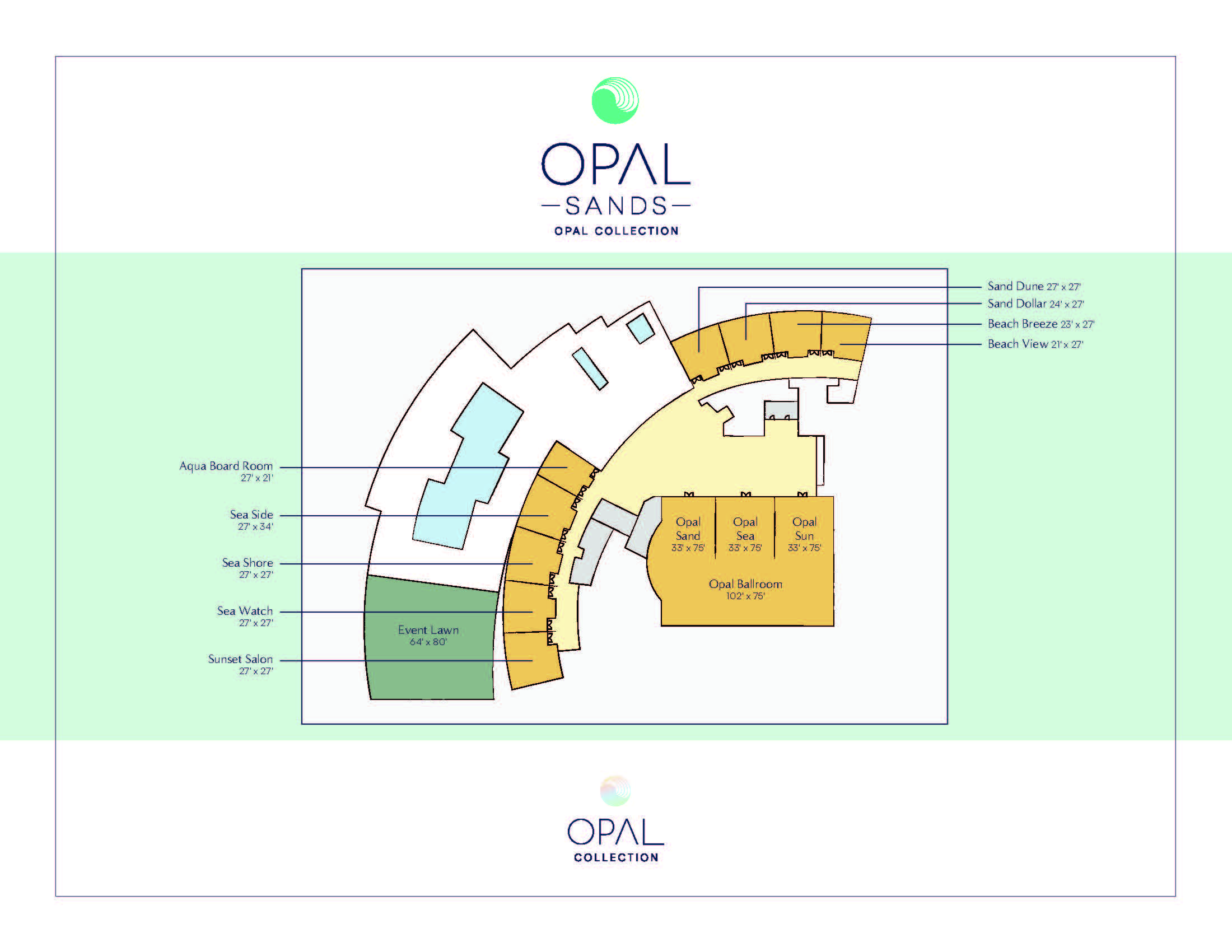 Floor plan of the Opal Sands resort event space, showing labeled rooms: Aqua Board Room, Sea Glass, Sea Shore, Sea Watch, Summit Salon, Event Lawn, Sand Dune, Sand Dollar, Beach House, and Beach View.