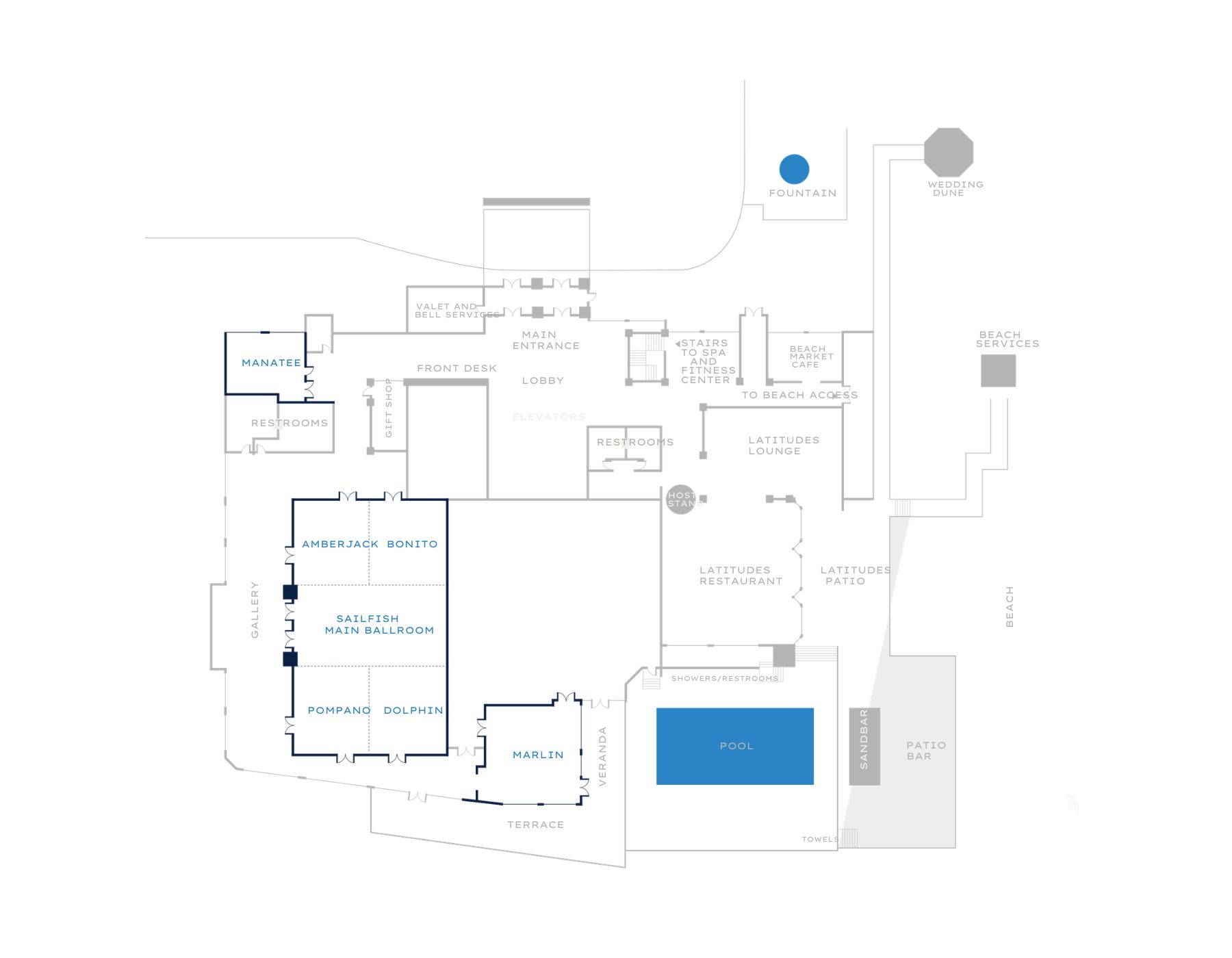 Resort floor plan showing locations of ballrooms, meeting rooms, pool, restaurants, restrooms, the lobby, patio bar, and beach access. Key areas like the Sailfish Ballroom, pool, and Latitudes Restaurant are labeled in blue.