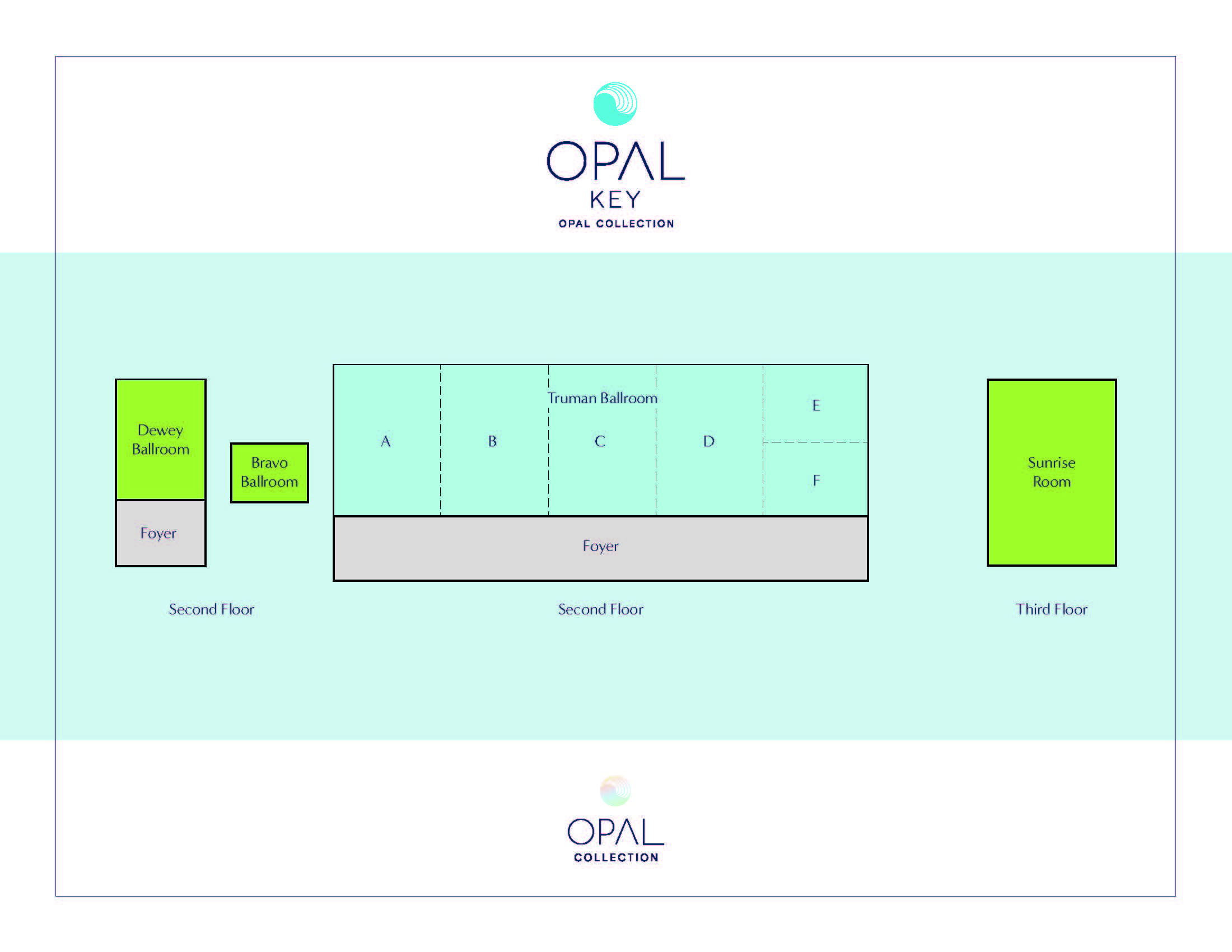A floor plan showing Dewey and Bravo Ballrooms with a foyer on the second floor, Truman Ballroom (sections A-F) with a foyer in the center, and Sunrise Room on the third floor. Opal Key branding is at the top and bottom.