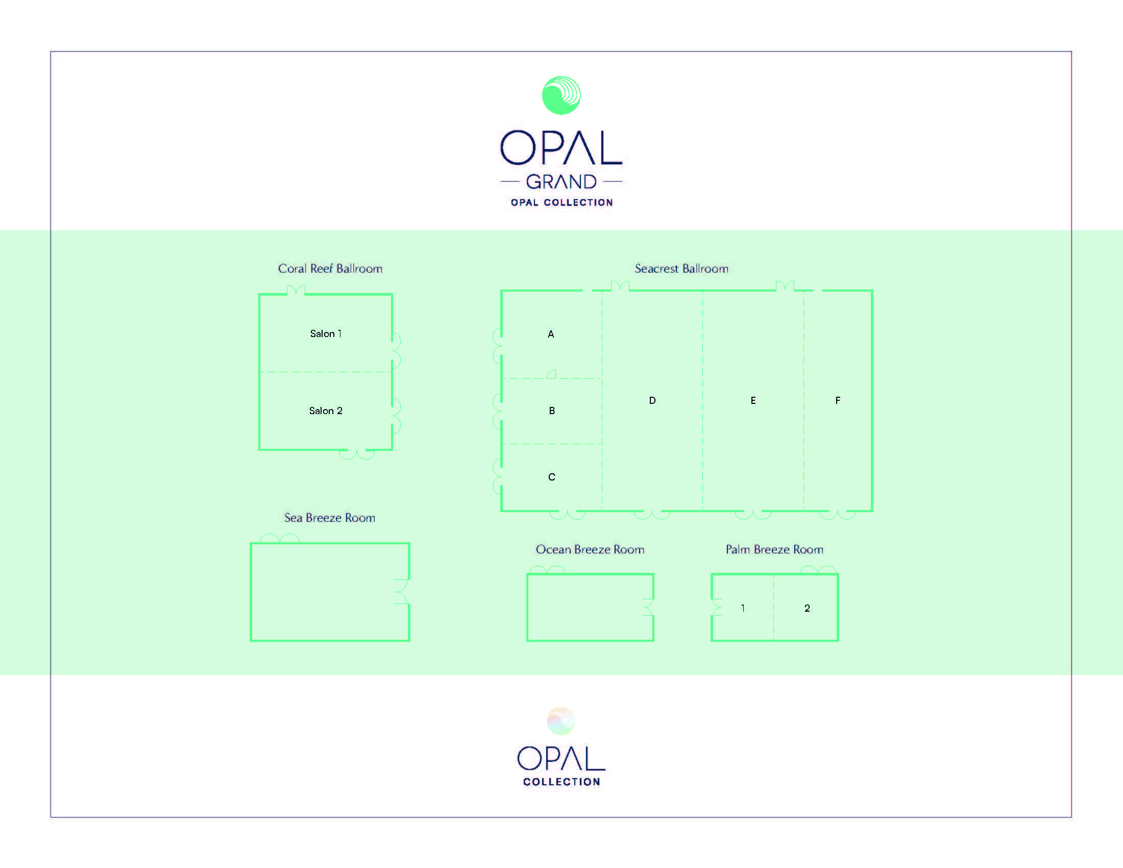 Floor plan of Opal Grand event spaces, showing labeled rooms: Coral Reef Ballroom, Sea Breeze Room, Ocean Breeze Room, Palm Breeze Room, and a segmented Seacrest Ballroom with sections A-F. Opal Grand and Opal Collection logos.