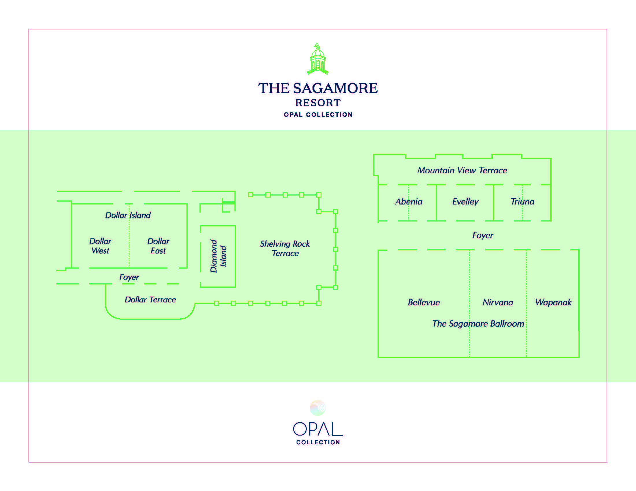 Floor plan of The Sagamore Resort event spaces, showing labeled areas including Dollar Island, Shelving Rock Terrace, Mountain View Terrace, Atrium, Foyer, Triuna, Bellevue, Nirvana, Wapanak, and The Sagamore Ballroom.