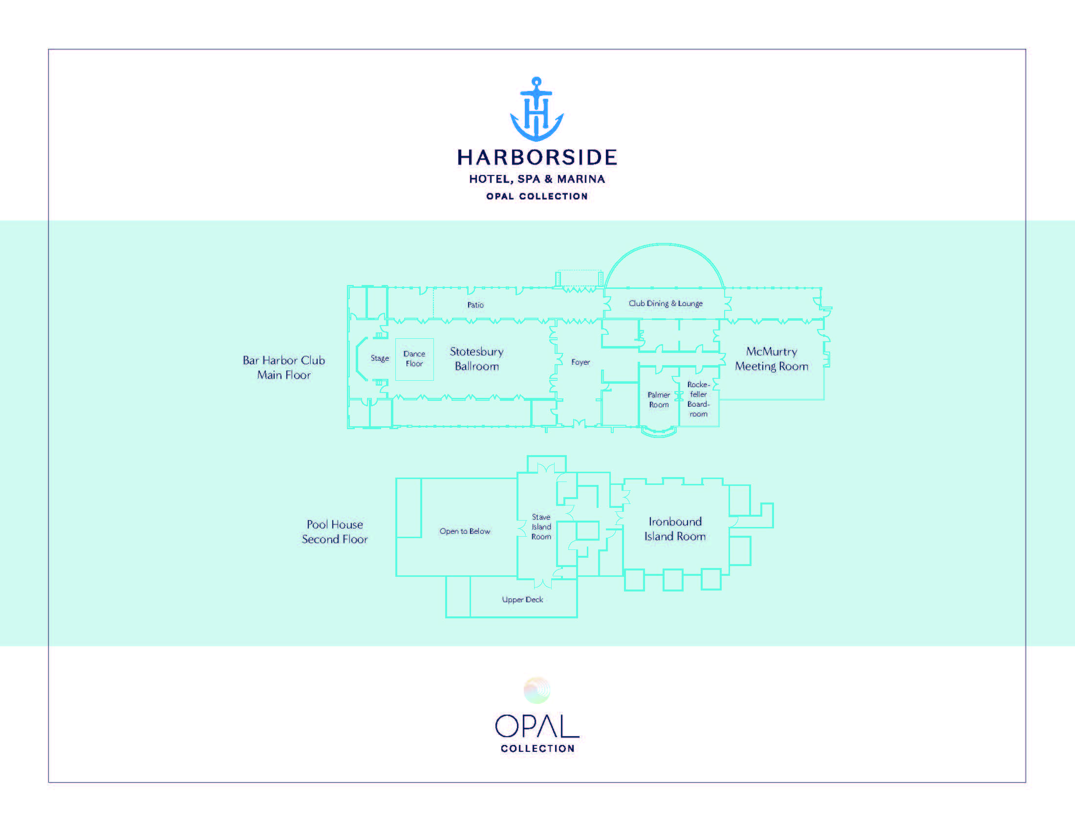 Floor plan map of Harborside Hotel, Spa & Marina event spaces, showing the Bar Harbor Club Main Floor, Pool House Second Floor, Stonestreet Ballroom, Dubois Lounge, McCurdy Meeting Room, and Ironbound Island Room.