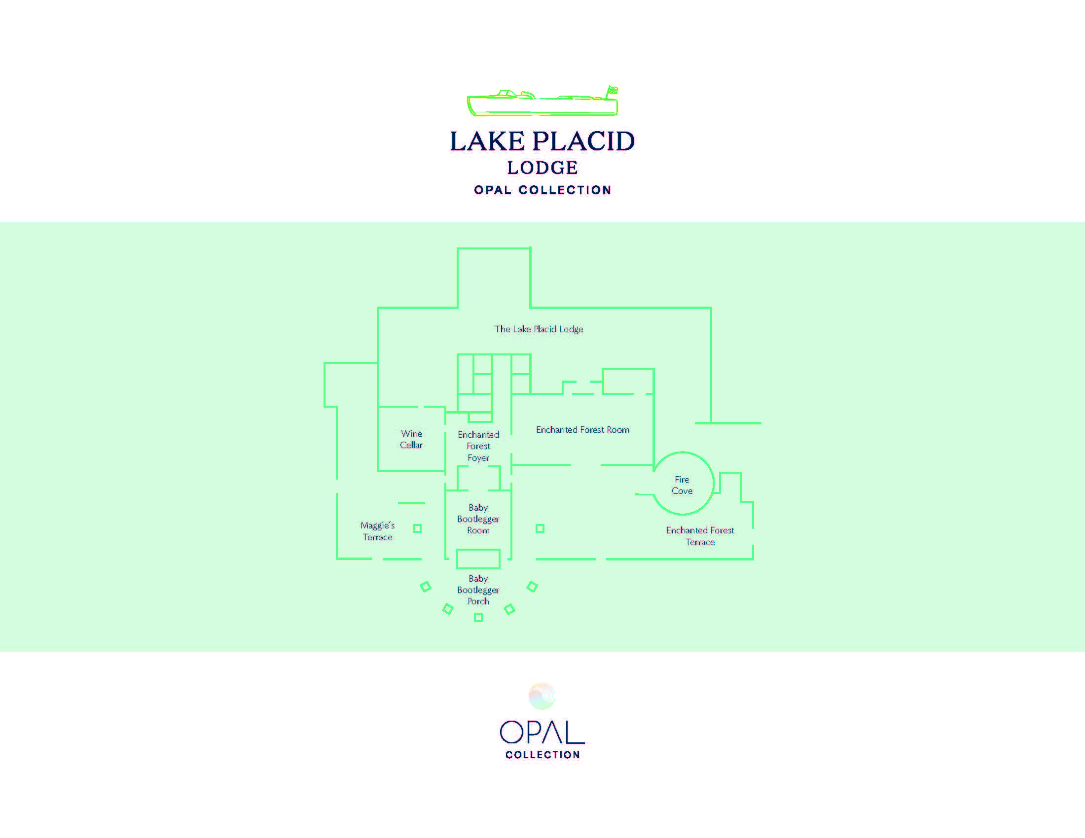 Map of Lake Placid Lodge layout showing labeled areas: Wine Cellar, Maggies Terraces, Bar, Enchanted Forest Room, Enchanted Forest Terrace, Cove, and The Lake Placid Lodge in green lines on a white background.