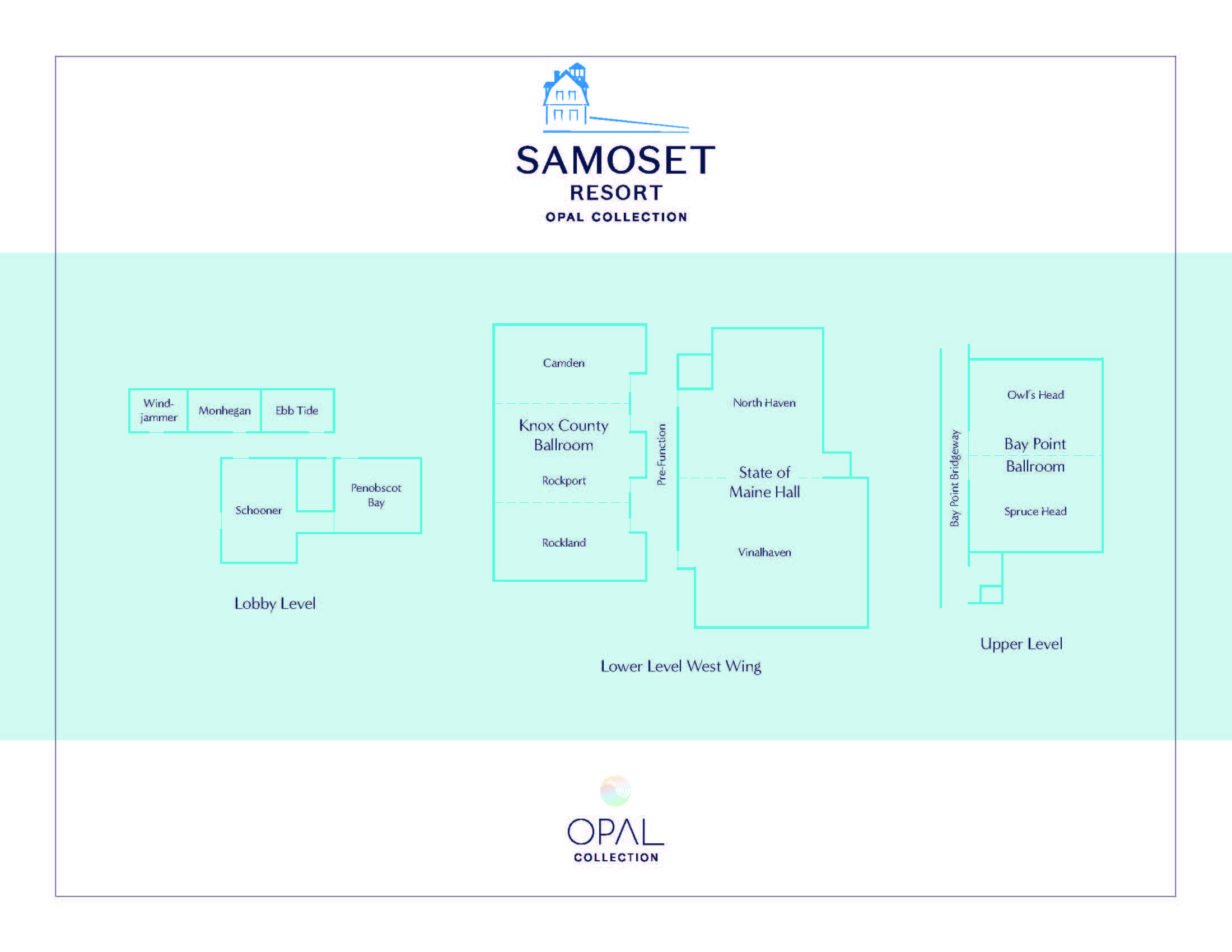 Floor plan of Samoset Resort event spaces, showing Lobby, Lower Level West Wing, and Upper Level rooms, including ballrooms, halls, and smaller meeting spaces. OPAL Collection logo at top and bottom.