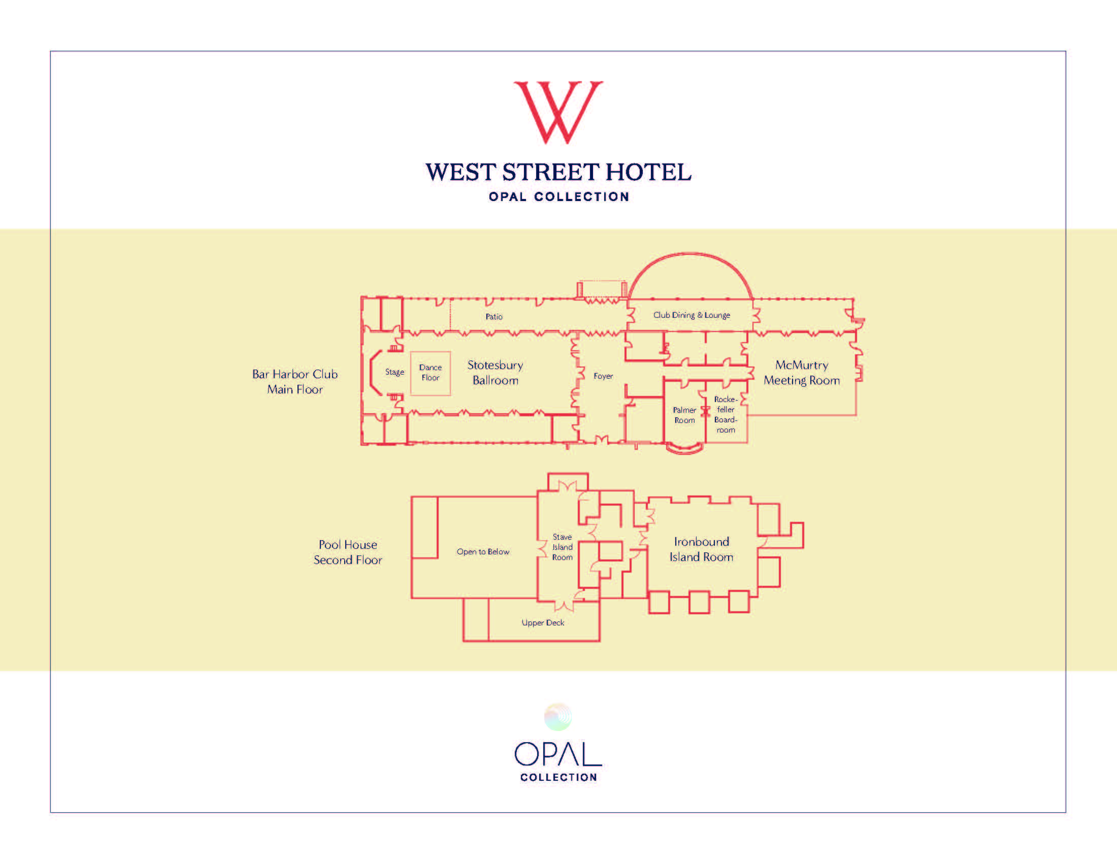 Floor plan of West Street Hotel showing event spaces: Bar Harbor Club, Main Floor, Steepleview Ballroom, Private Dining, McMurtury Meeting Room, Pool House Second Floor, and Ironbound Island Room.