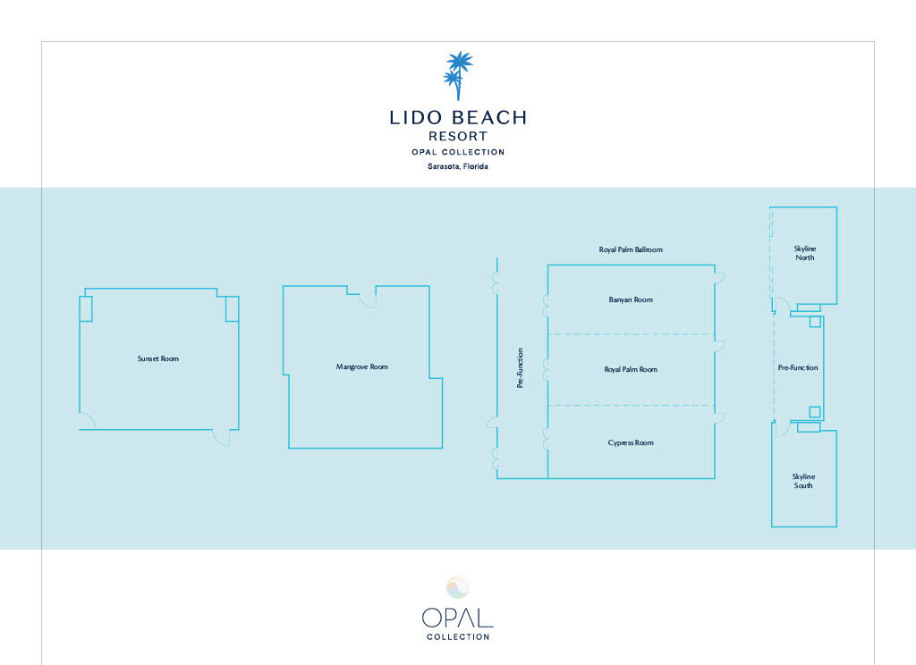Floor plan of Lido Beach Resort event rooms, showing layouts for Sunset Room, Mangrove Room, Royal Palm Ballroom, Banyan Room, Palm Room, Cypress Room, Pre-Function area, Starlite North, and Starlite South.