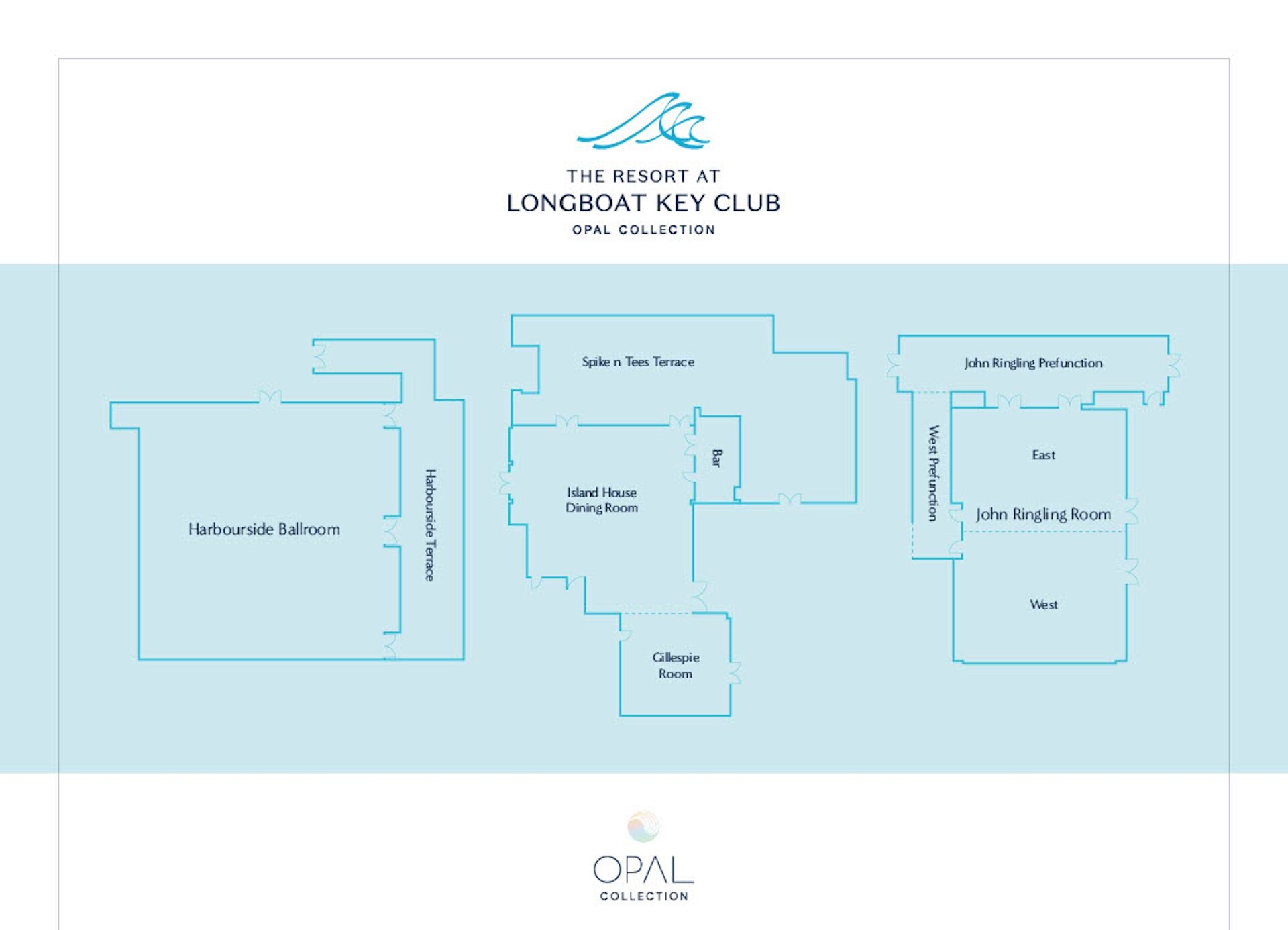 Floor plan of The Resort at Longboat Key Club, showing labeled rooms: Harbourside Ballroom, Island House Dining Room, Glaciers Room, Spike ‘n Tees Terrace, and John Ringling Room (East, West, Pavilion). Opal Collection branding.