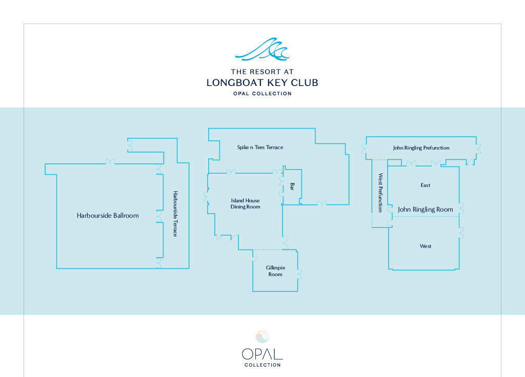 Floor plan of The Resort at Longboat Key Club, showing locations of Harbourside Ballroom, Spike n Tees Terrace, Island House Dining Room, Cleeple Room, John Ringling Rooms (East, West, North), and John Ringling Pre-Function area.