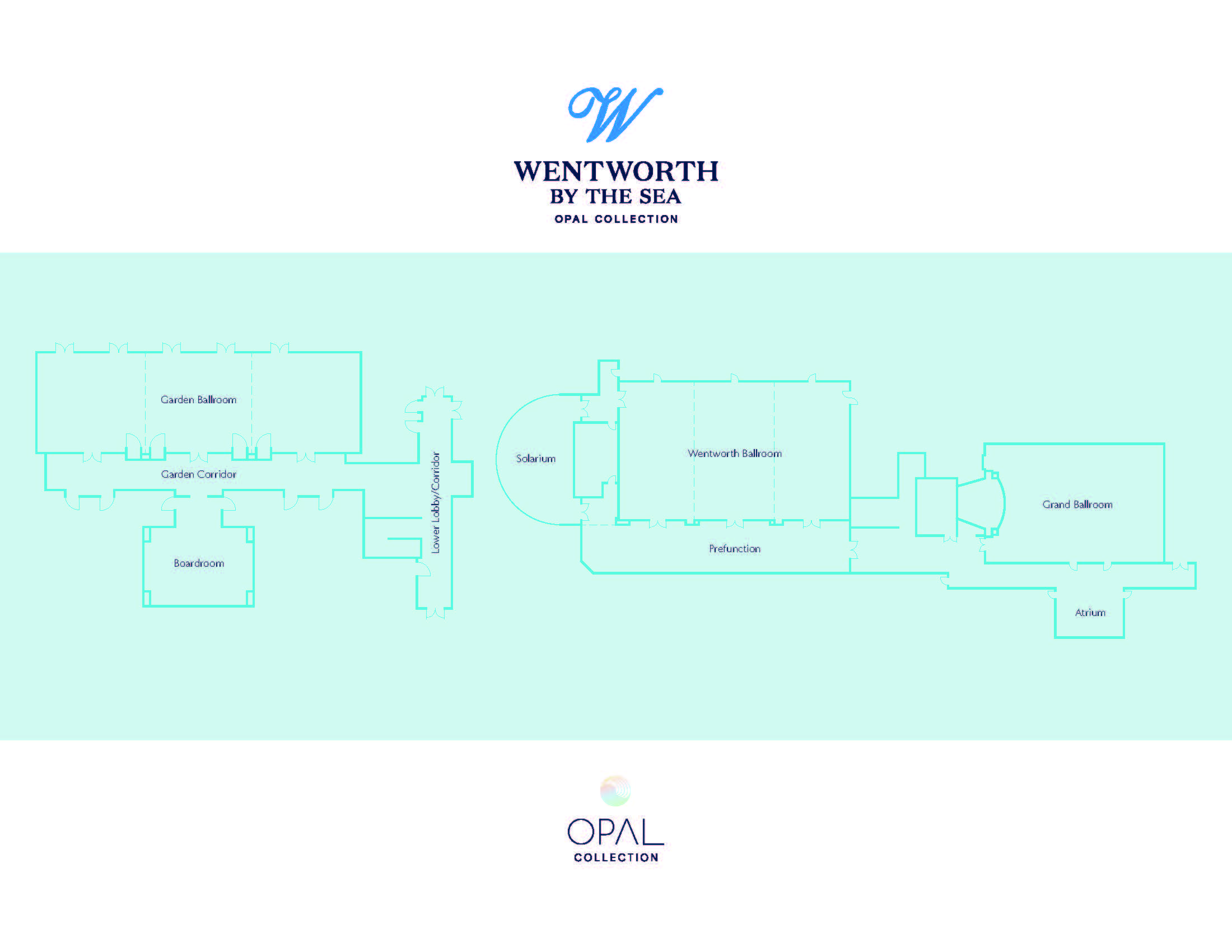 Floor plan of Wentworth by the Sea event spaces, showing labeled rooms: Garden Ballroom, Boardroom, Wentworth Ballroom, Pre-function area, Grand Ballroom, and Atrium, with connecting corridors. Opal Collection logos appear.
