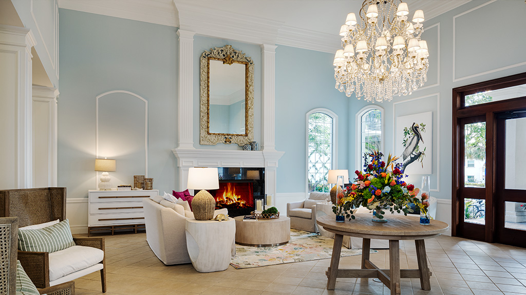 The coastal-chic lobby at The Capri Inn.