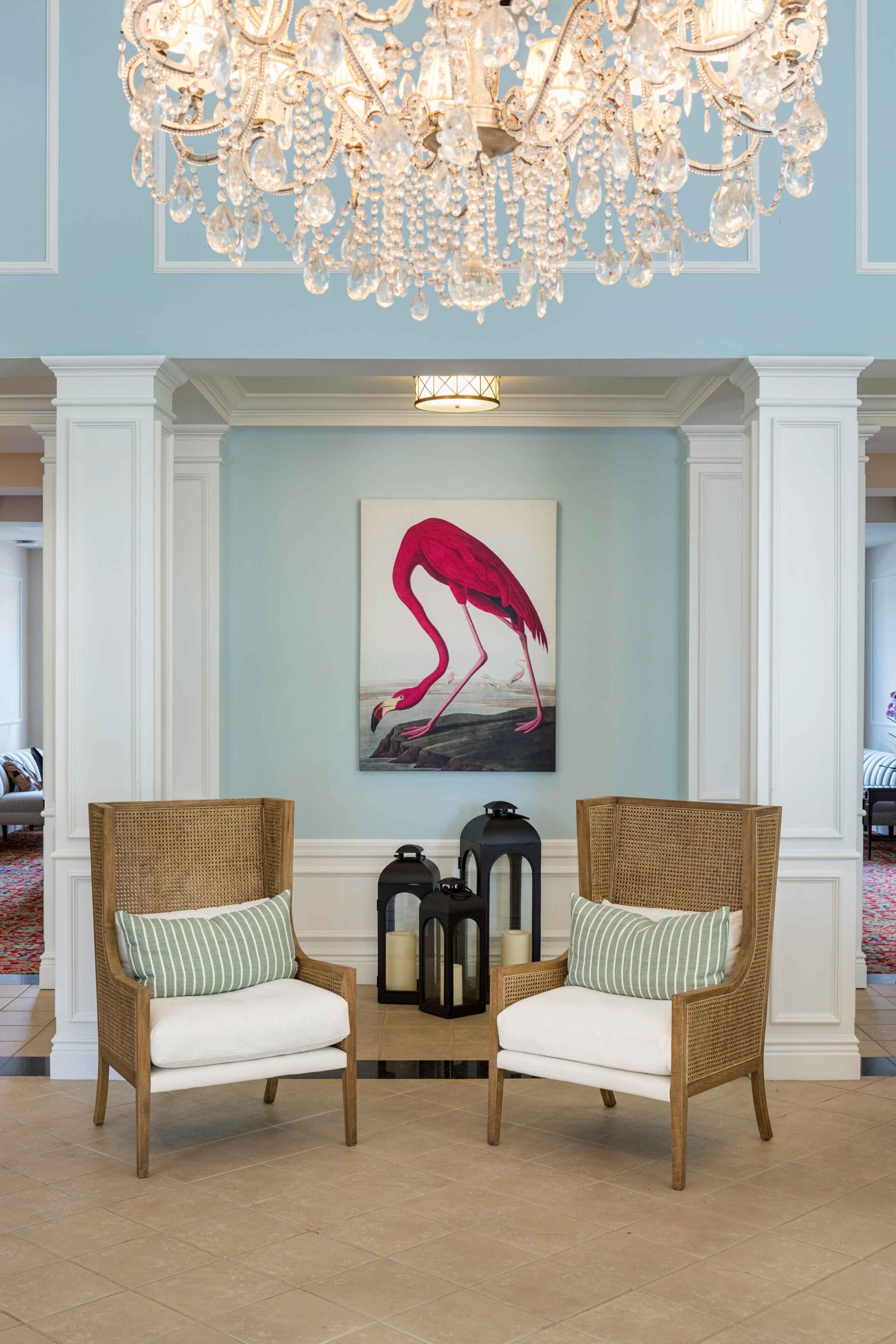 The lobby's art shows how jot-pink pops of color are found throughout the property.