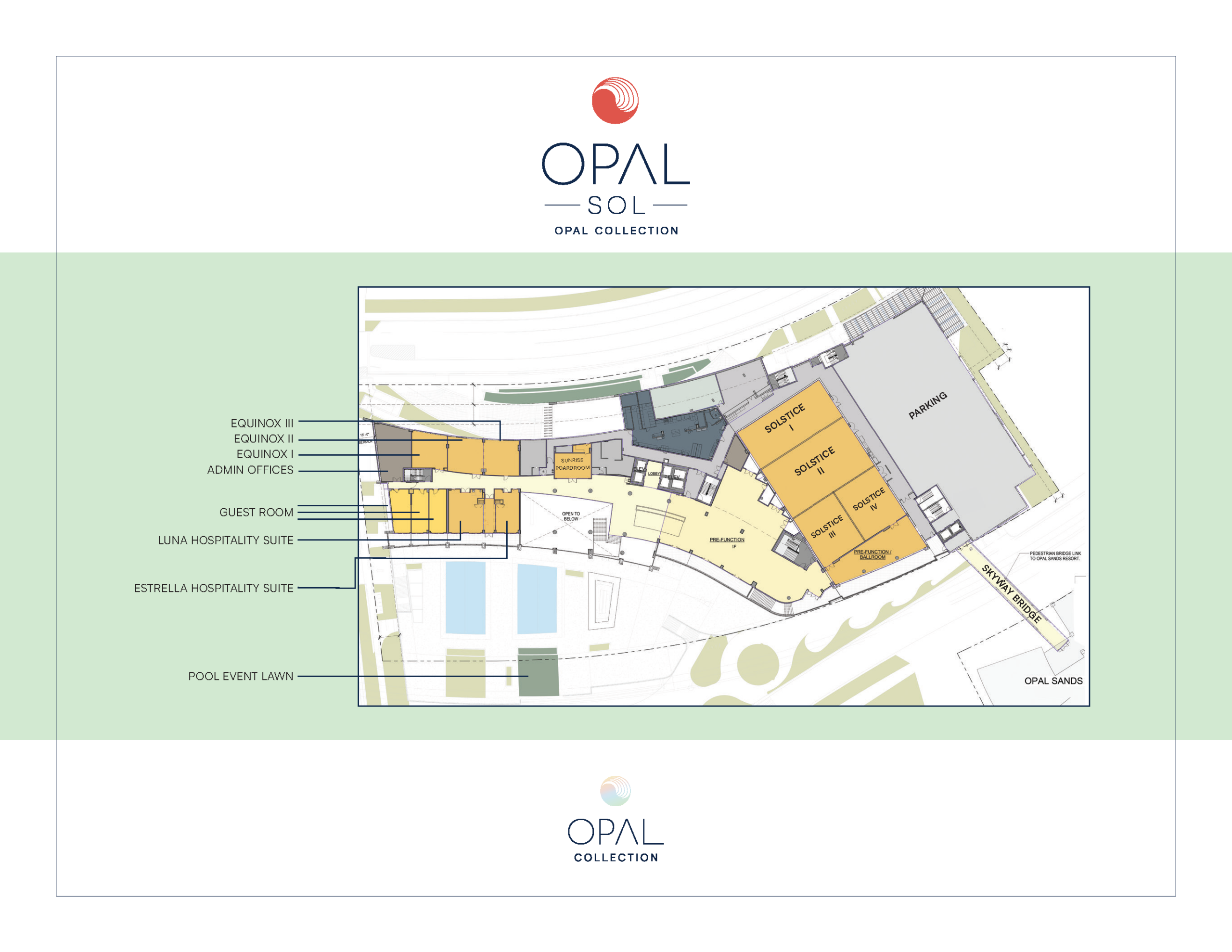 Architectural floor plan labeled with areas such as guest room, offices, two hospitality suites, pool event lawn, and equinox spaces, shown with color-coded rooms and exterior landscaping features surrounding the building.