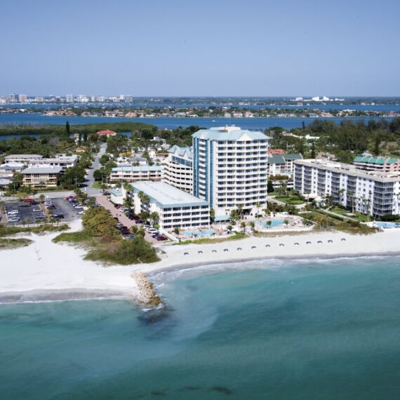 An exterior view of Lido Beach Resort in Lido Key, Florida.