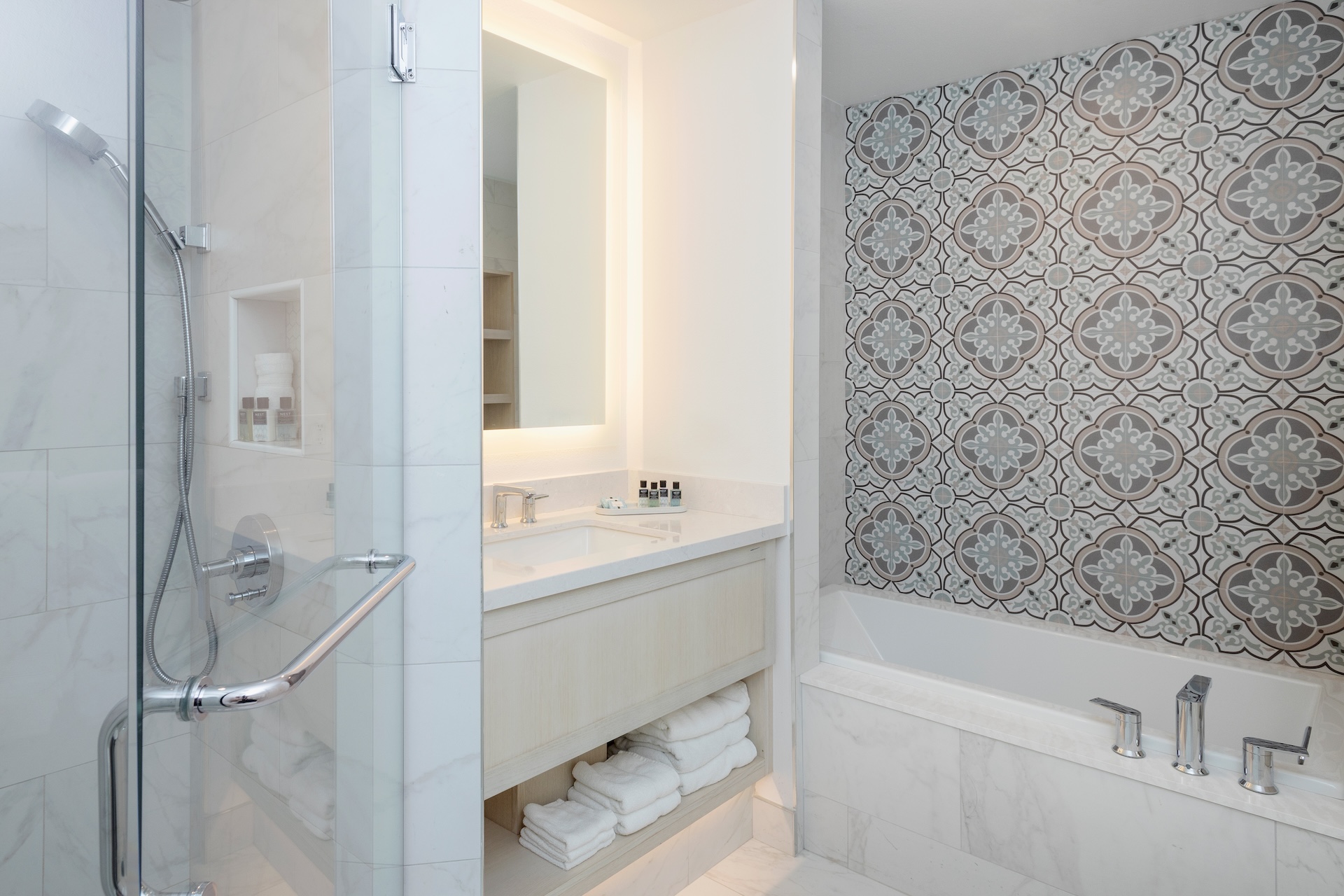 A tiled bathroom space at Sandpearl Resort.