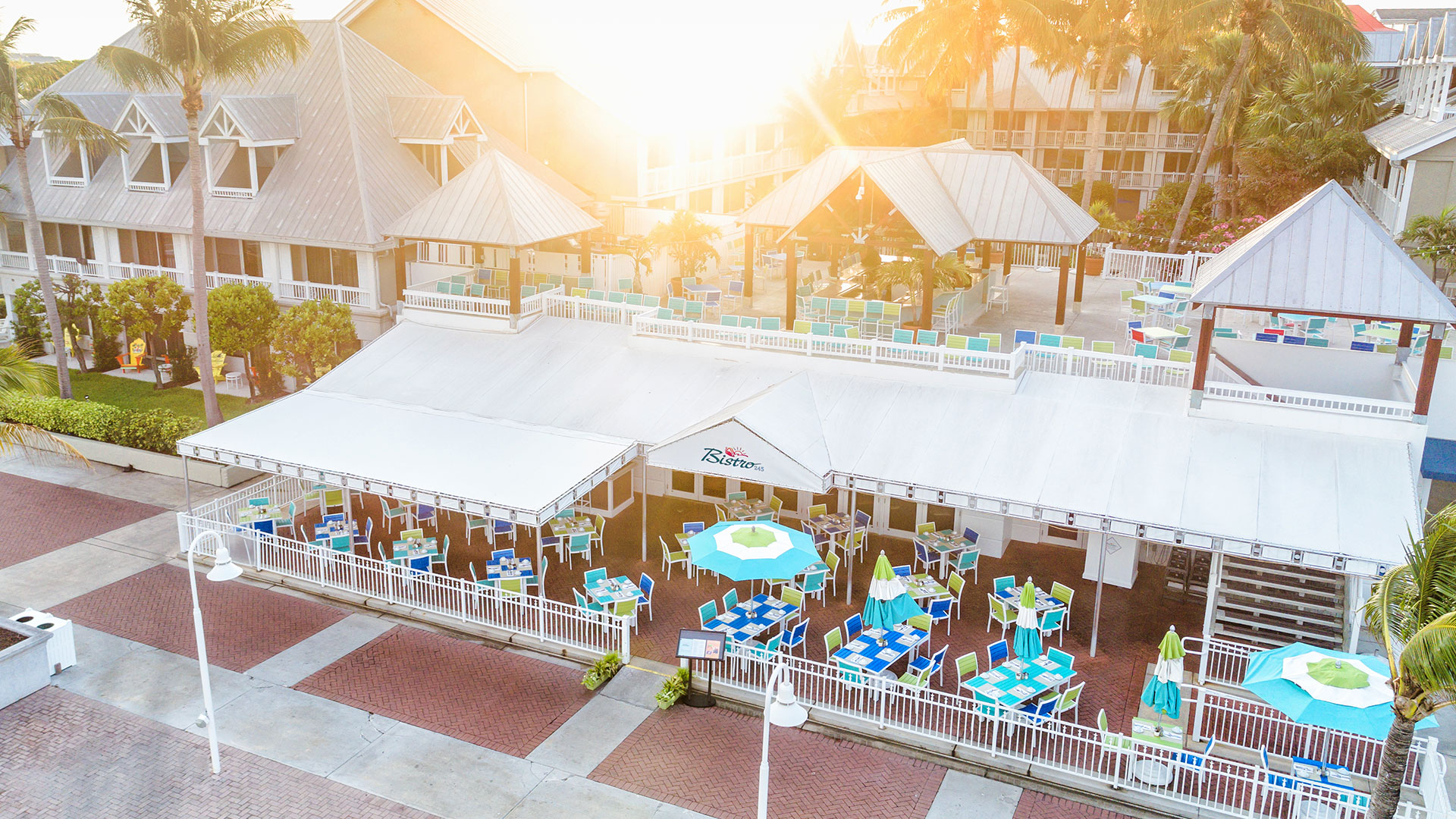 An aerial view of the Sunset Deck at Opal Key Resort & Marina.