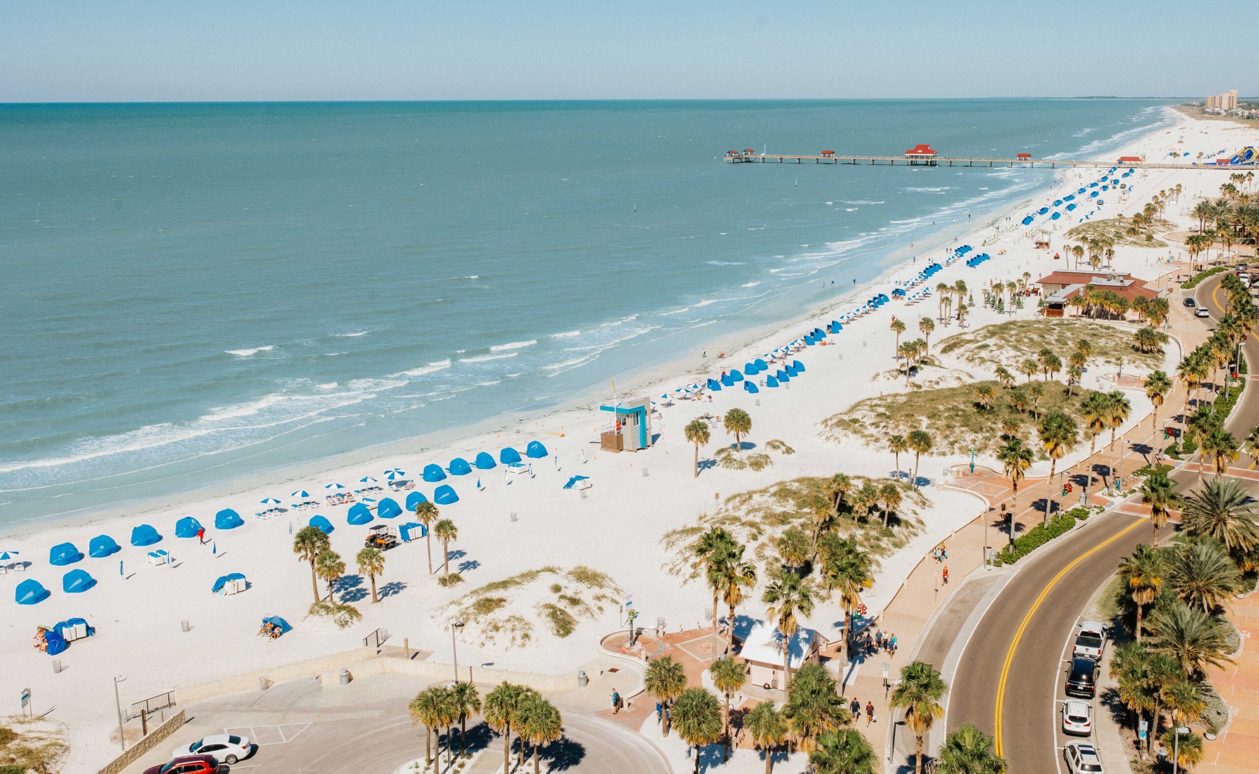 An aerial view of the beach in Clearwater Beach, Florida.