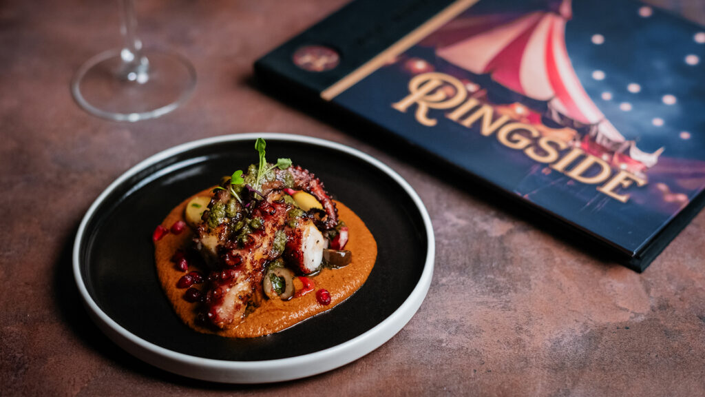 A gourmet dish featuring grilled octopus served in Ringside, Cirque St. Armands newest Sarasota restaurant.