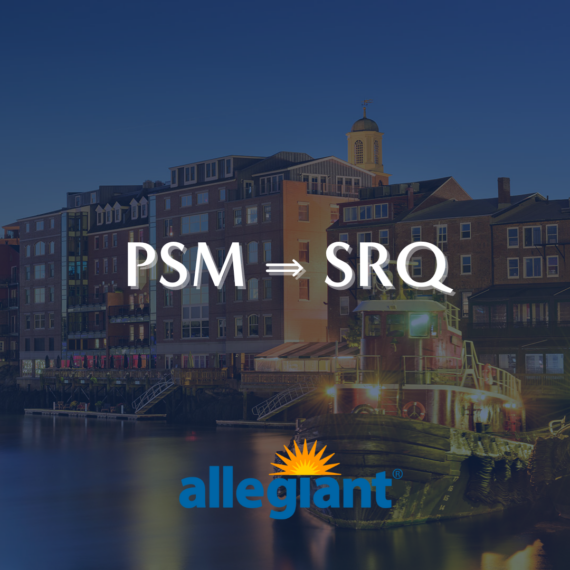 Text on a backdrop of a waterfront city reads PSM ⇒ SRQ. The Allegiant logo, featuring a sunburst, is at the bottom.
