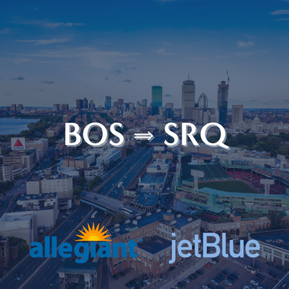 Aerial view of a city skyline with BOS ⇒ SRQ in white text. Logos of Allegiant and JetBlue airlines at the bottom. The skyline features tall buildings, roads, and a notable green-roofed baseball stadium.