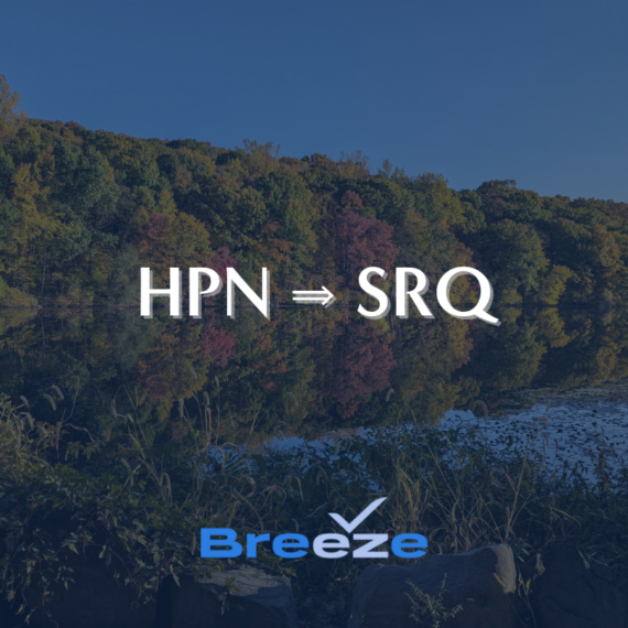 Text in the center reads HPN ⇒ SRQ against a background of a lush forest reflected in a calm body of water. The word Breeze with a checkmark icon is at the bottom.