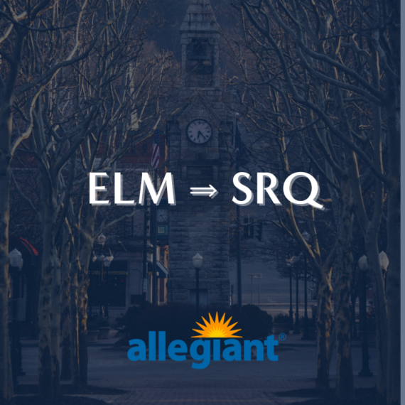 A twilight scene of a clock tower between leafless trees, with the text ELM ⇒ SRQ above the Allegiant logo featuring a rising sun.