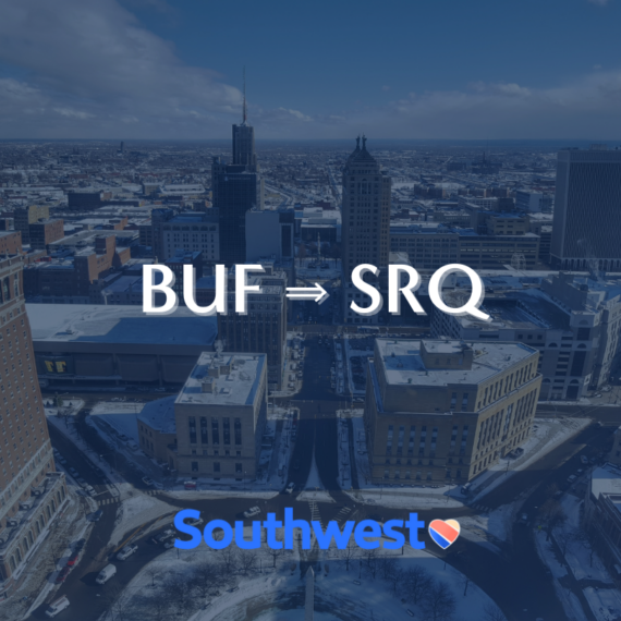 Aerial view of a city with snow-covered streets and buildings. Text overlay reads BUF ➔ SRQ above and Southwest with a heart logo below.