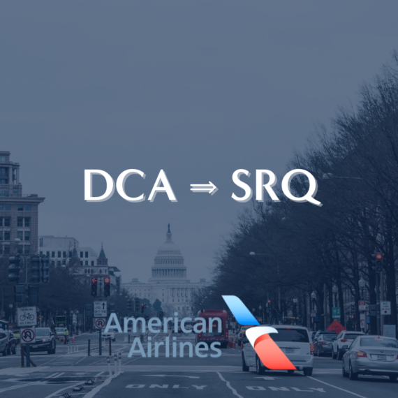 Urban street view with the U.S. Capitol in the distance. Text reads DCA ⇒ SRQ and American Airlines with the airlines logo.