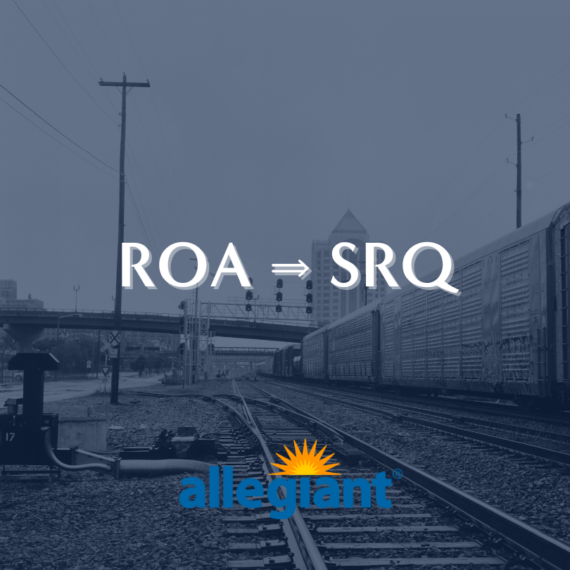 A grayscale image of train tracks leading into a cityscape with a bridge. The text “ROA ➔ SRQ” appears in the center, with the Allegiant logo at the bottom.