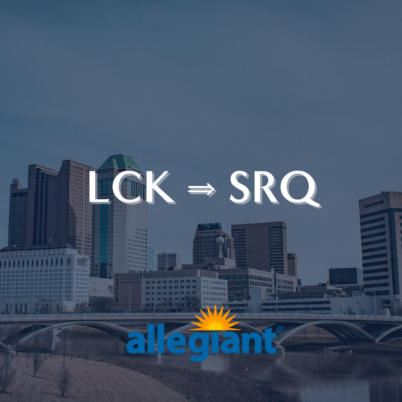 City skyline with a river and bridge in the foreground. Text reads LCK ➔ SRQ above the Allegiant logo, featuring an orange sunburst.