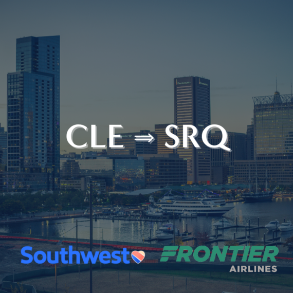 City skyline at dusk with CLE ➔ SRQ written over the image. Logos of Southwest Airlines and Frontier Airlines are at the bottom.