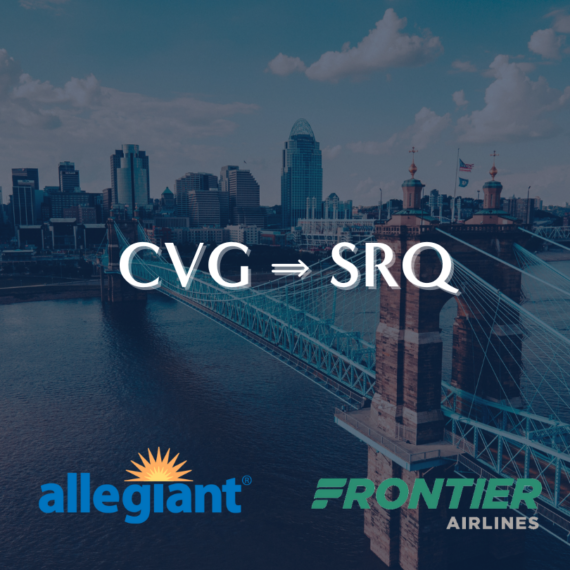 A skyline view of a city with a river and bridge. Text reads CVG ➔ SRQ in white, with Allegiant and Frontier Airlines logos below.