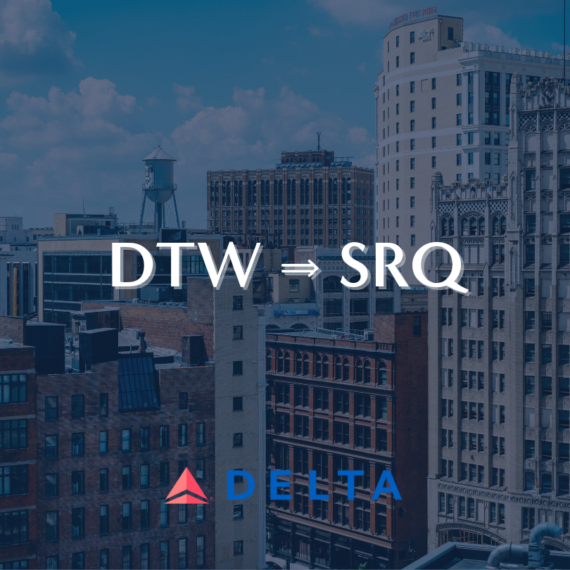 Skyline of a city with historic brick buildings and a water tower. White text in the center reads DTW ⇒ SRQ. Below is the Delta logo with a red triangle.