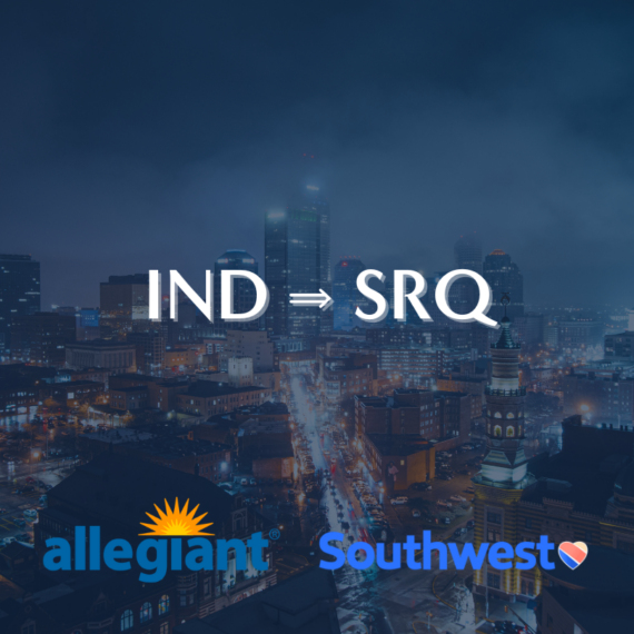 City skyline at night with IND ⇒ SRQ overlaid. Allegiant and Southwest Airlines logos are at the bottom.