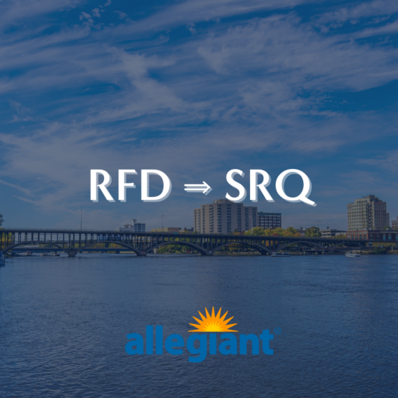Text over a cityscape and river image reads RFD ⇒ SRQ with the Allegiant Air logo below. A bridge spans the river, and buildings are visible along the skyline under a clear, partly cloudy sky.