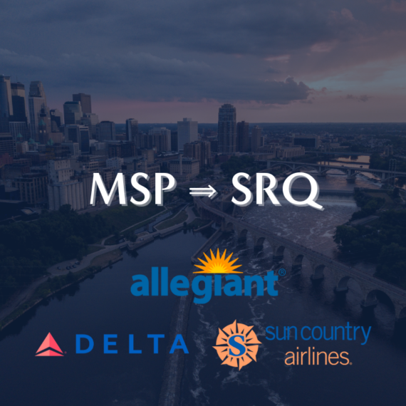 Aerial view of a city with the text MSP ⇒ SRQ. Below are logos for Allegiant, Delta, and Sun Country Airlines. The skyline and a river are visible under a cloudy sky at sunset.