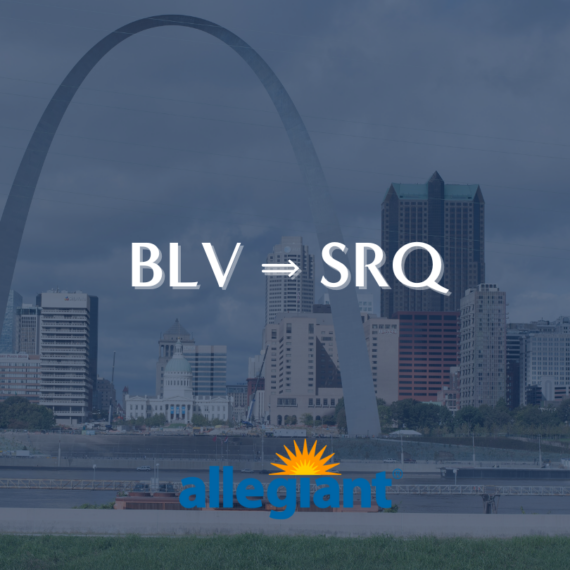 The image shows the St. Louis Arch with city buildings in the background. Text over the image reads BLV → SRQ and allegiant with the Allegiant Airlines logo, featuring a sunburst.