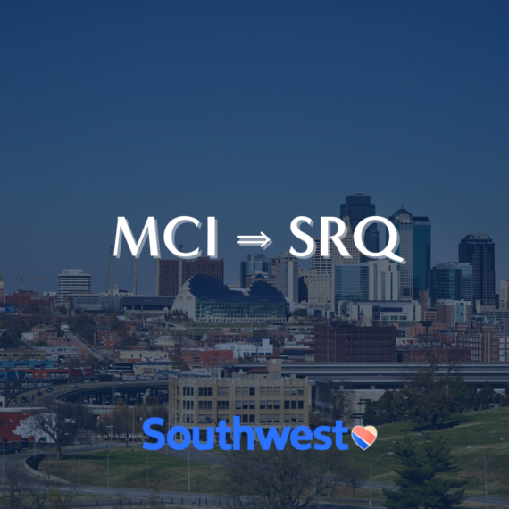 Skyline view with the text MCI ➔ SRQ and Southwest logo at the bottom.