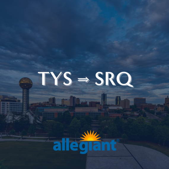 A city skyline at dusk with a golden spherical structure. Text overlays read TYS ⇒ SRQ and allegiant with a stylized sun logo, suggesting a travel route between two locations.