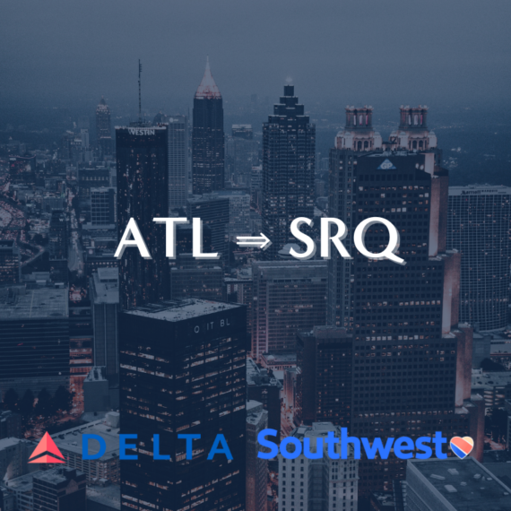 City skyline with text ATL ➔ SRQ in the center, indicating a flight route. Logos of Delta and Southwest are at the bottom. The scene has a moody, overcast atmosphere.