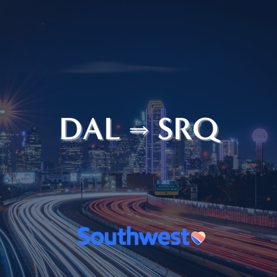 Night view of a city skyline with a highway in the foreground. Text in the center reads DAL ⇒ SRQ and Southwest with a heart logo below.