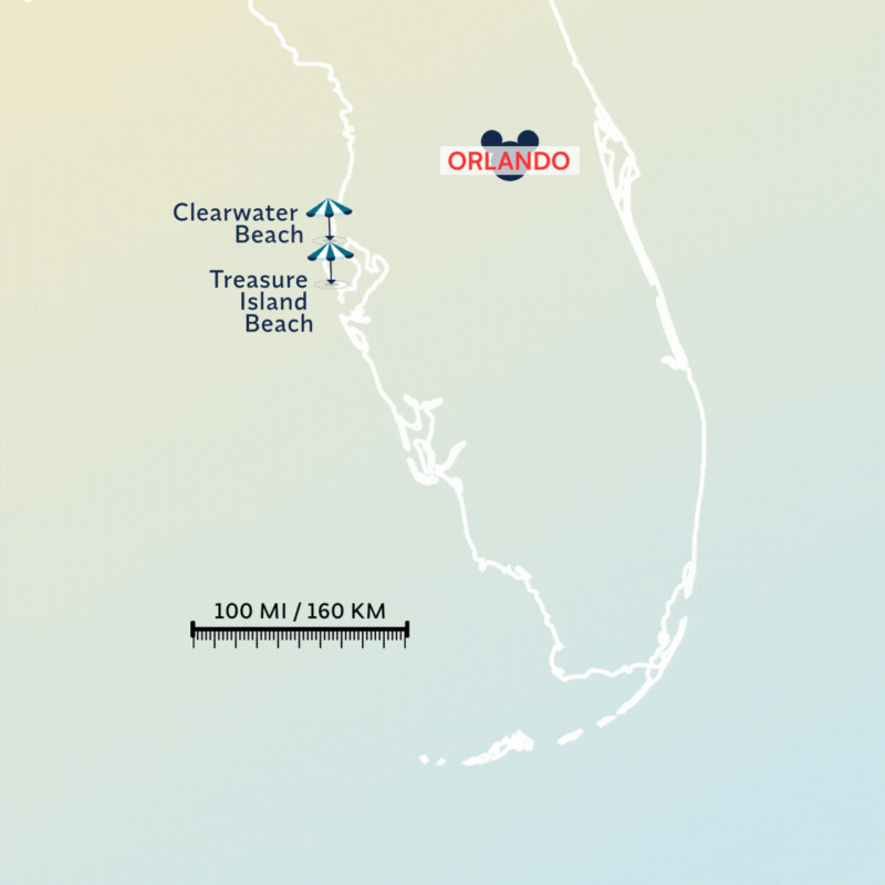 Simple map of Florida showing Orlando with a Mickey Mouse ears icon, plus Clearwater Beach and Treasure Island Beach marked with airplane icons to the west. A scale indicates 100 miles/160 km.