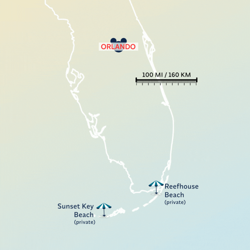 Map of Florida highlighting Orlando in the north and two private beaches in the south: Sunset Key Beach and Reefhouse Beach. A scale shows a distance of 100 miles or 160 kilometers.