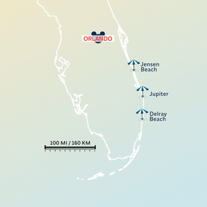 Map of southeast Florida showing Orlando and three beach locations—Jensen Beach, Jupiter, and Delray Beach—each marked with a beach umbrella icon. A scale indicating 100 miles/160 kilometers is at the bottom.