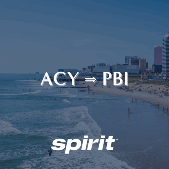 A beach scene with people on the sand and in the water, buildings in the background, and the text ACY ⇨ PBI and spirit overlaid, suggesting a Spirit flight route from Atlantic City to West Palm Beach.